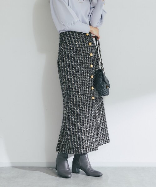 【新品タグ付き】ファンシーツイードナローロングスカート ラブティックボンボン La boutique BonBon（ラブティックボンボン）の「【お上品で美人見え