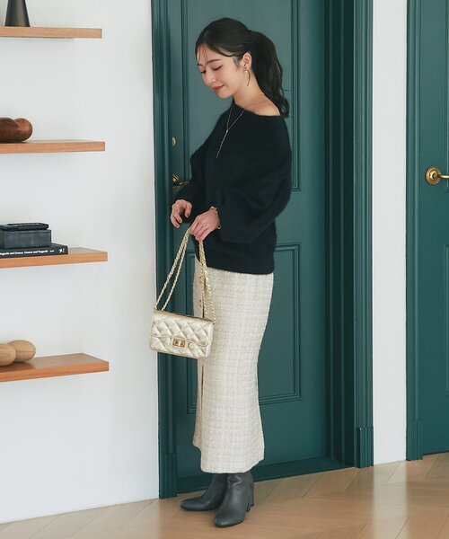 お上品で美人見え】ファンシーツイードナローロングスカート