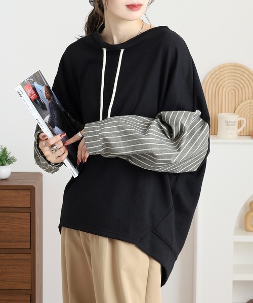 myke（ミーカ）の「myke TC裏毛配色ルーズハイネックシャツ袖プルオーバー（スウェット・レディース・ブラック/杢グレー/カーキ/ブルー・M）」の5枚目の写真
