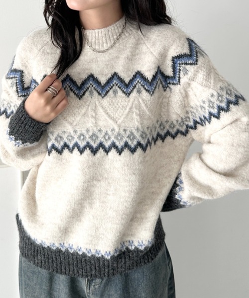 CLEA（クレア）の「ノルディックニットトップス（ニット/セーター・レディース・ベージュ/グレー/アイボリー/ブラック・FREE）」の2枚目の写真