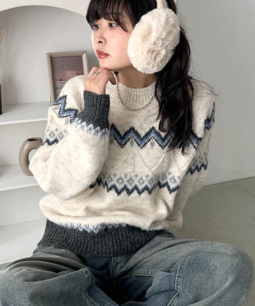 CLEA（クレア）の「ノルディックニットトップス（ニット/セーター・レディース・ベージュ/グレー/アイボリー/ブラック・FREE）」の9枚目の写真