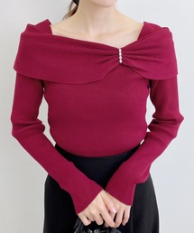 オフショルリボンビジューパーツリブニット