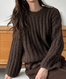 【Eclat one】クルーネック ワイドリブ モヘアタッチ ニット