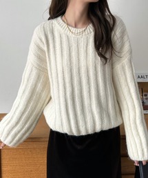 【Eclat one】クルーネック ワイドリブ モヘアタッチ ニット