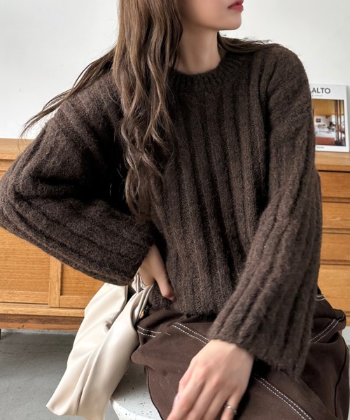 Eclat one(エクラワン)の「【Eclat one】クルーネック ワイドリブ モヘアタッチ ニット(ニット/セーター・レディース・アイボリー/チャコール/ブラウン・FREE)」の12枚目の写真