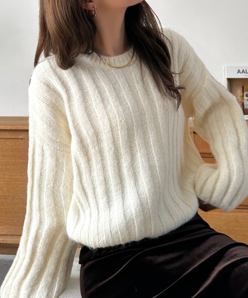 Eclat one(エクラワン)の「【Eclat one】クルーネック ワイドリブ モヘアタッチ ニット(ニット/セーター・レディース・アイボリー/チャコール/ブラウン・FREE)」の4枚目の写真
