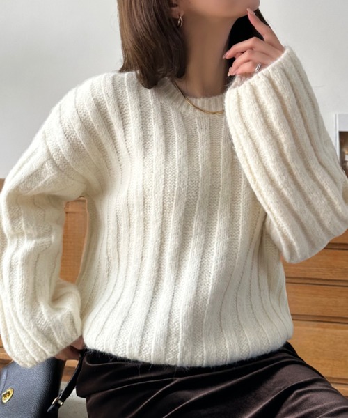 Eclat one(エクラワン)の「【Eclat one】クルーネック ワイドリブ モヘアタッチ ニット(ニット/セーター・レディース・アイボリー/チャコール/ブラウン・FREE)」の5枚目の写真