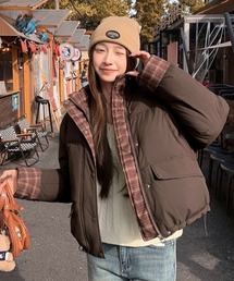 チェック配色スタンドカラー中綿ブルゾン