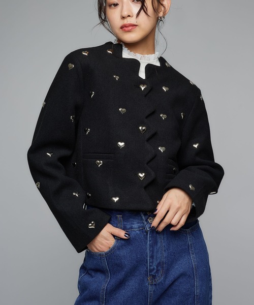 Narcissus(ナルシス)の「ハートツイードジャケット/メタルハート/ショートジャケット/韓国(ノーカラージャケット・レディース・ブラック・FREE)」の1枚目の写真