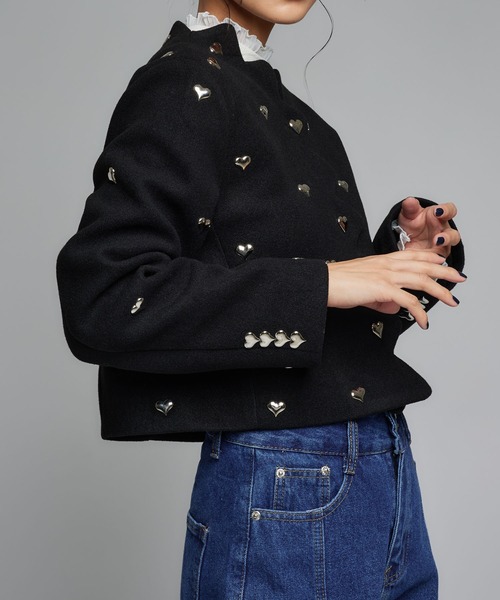 Narcissus(ナルシス)の「ハートツイードジャケット/メタルハート/ショートジャケット/韓国(ノーカラージャケット・レディース・ブラック・FREE)」の9枚目の写真