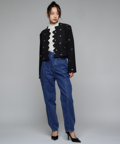 Narcissus(ナルシス)の「ハートツイードジャケット/メタルハート/ショートジャケット/韓国(ノーカラージャケット・レディース・ブラック・FREE)」の6枚目の写真