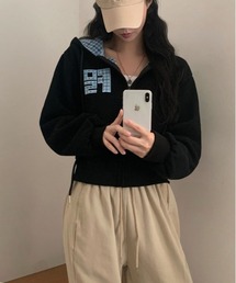 着回し力バツグン!ゆるっとラフな万能 フルジップ チェックバイカラールーズフィットクロップドパーカー羽織 UV対策 冷房対策Y2K