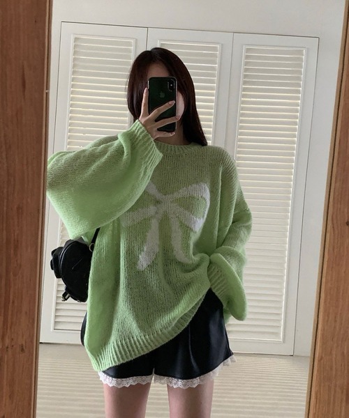 NinaetLina(ニナエリナ)の「リボン柄ニット(ニット/セーター・レディース・グリーン/ピンク/ホワイト/ブラック・FREE)」の9枚目の写真