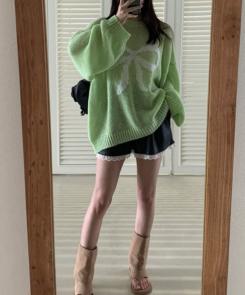 NinaetLina(ニナエリナ)の「リボン柄ニット(ニット/セーター・レディース・グリーン/ピンク/ホワイト/ブラック・FREE)」の10枚目の写真