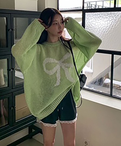 NinaetLina(ニナエリナ)の「リボン柄ニット(ニット/セーター・レディース・グリーン/ピンク/ホワイト/ブラック・FREE)」の11枚目の写真