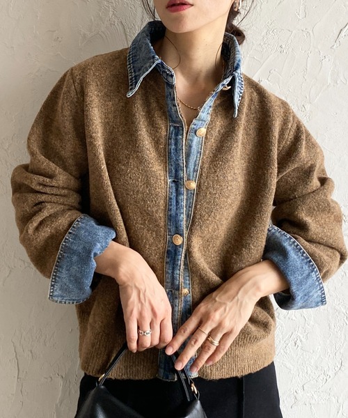 She's Closet（シーズクローゼット）の「フェイクレイヤード異素材ドッキングデニム切替ニットカーディガン（カーディガン/ボレロ・レディース・オートミール/キャメル/チャコールグレー/ブラウン/ブラック・FREE）」の5枚目の写真