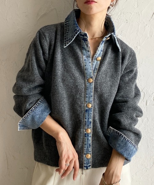 セール】フェイクレイヤード異素材ドッキングデニム切替ニット