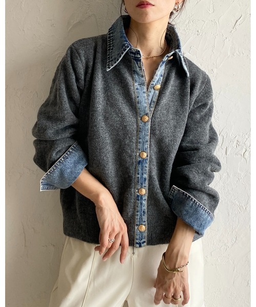 She's Closet（シーズクローゼット）の「フェイクレイヤード異素材ドッキングデニム切替ニットカーディガン（カーディガン/ボレロ・レディース・オートミール/キャメル/チャコールグレー/ブラウン/ブラック・FREE）」の6枚目の写真