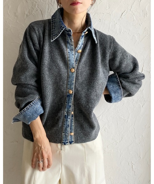 She's Closet（シーズクローゼット）の「フェイクレイヤード異素材ドッキングデニム切替ニットカーディガン（カーディガン/ボレロ・レディース・オートミール/キャメル/チャコールグレー/ブラウン/ブラック・FREE）」の9枚目の写真
