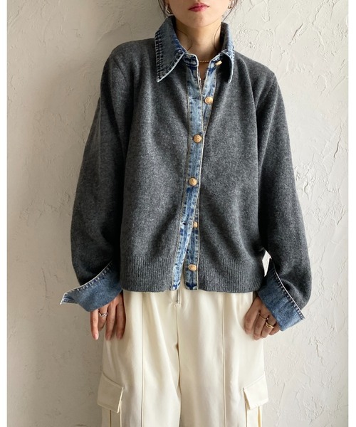 She's Closet（シーズクローゼット）の「フェイクレイヤード異素材ドッキングデニム切替ニットカーディガン（カーディガン/ボレロ・レディース・オートミール/キャメル/チャコールグレー/ブラウン/ブラック・FREE）」の10枚目の写真