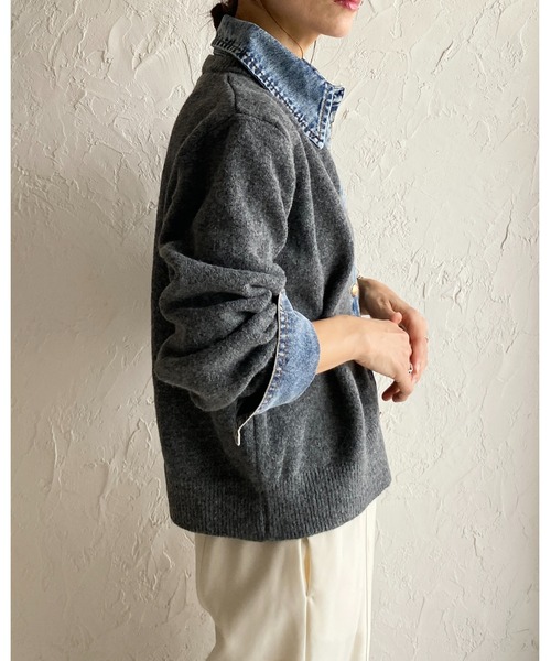 She's Closet（シーズクローゼット）の「フェイクレイヤード異素材ドッキングデニム切替ニットカーディガン（カーディガン/ボレロ・レディース・オートミール/キャメル/チャコールグレー/ブラウン/ブラック・FREE）」の11枚目の写真