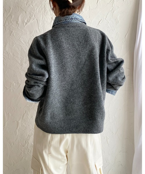 She's Closet（シーズクローゼット）の「フェイクレイヤード異素材ドッキングデニム切替ニットカーディガン（カーディガン/ボレロ・レディース・オートミール/キャメル/チャコールグレー/ブラウン/ブラック・FREE）」の12枚目の写真