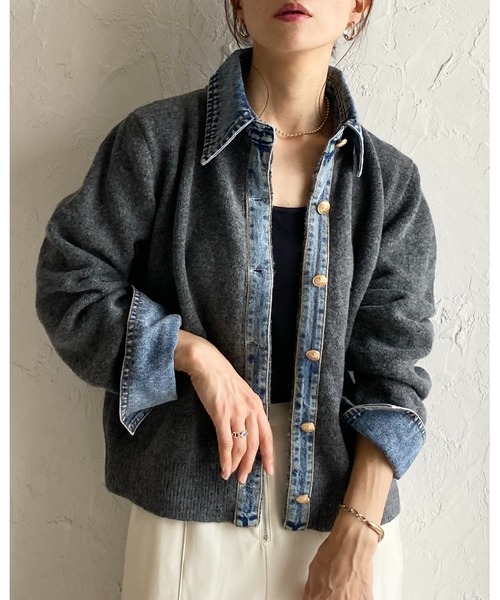 She's Closet（シーズクローゼット）の「フェイクレイヤード異素材ドッキングデニム切替ニットカーディガン（カーディガン/ボレロ・レディース・オートミール/キャメル/チャコールグレー/ブラウン/ブラック・FREE）」の13枚目の写真