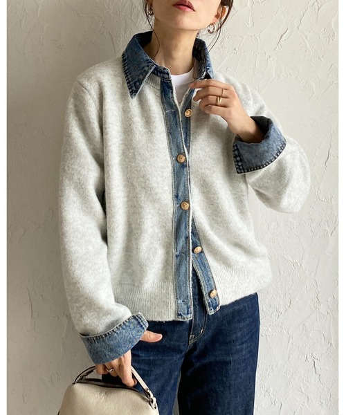 She's Closet（シーズクローゼット）の「フェイクレイヤード異素材ドッキングデニム切替ニットカーディガン（カーディガン/ボレロ・レディース・オートミール/キャメル/チャコールグレー/ブラウン/ブラック・FREE）」の14枚目の写真