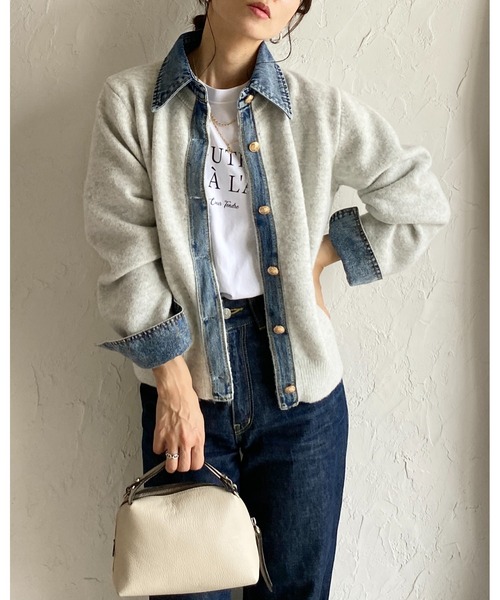 She's Closet（シーズクローゼット）の「フェイクレイヤード異素材ドッキングデニム切替ニットカーディガン（カーディガン/ボレロ・レディース・オートミール/キャメル/チャコールグレー/ブラウン/ブラック・FREE）」の7枚目の写真