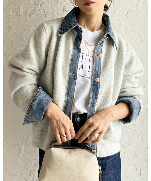 She's Closet（シーズクローゼット）の「フェイクレイヤード異素材ドッキングデニム切替ニットカーディガン（カーディガン/ボレロ・レディース・オートミール/キャメル/チャコールグレー/ブラウン/ブラック・FREE）」の16枚目の写真