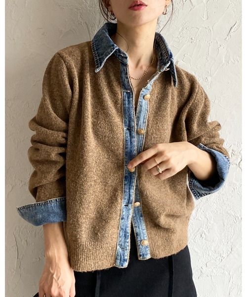 She's Closet（シーズクローゼット）の「フェイクレイヤード異素材ドッキングデニム切替ニットカーディガン（カーディガン/ボレロ・レディース・オートミール/キャメル/チャコールグレー/ブラウン/ブラック・FREE）」の17枚目の写真