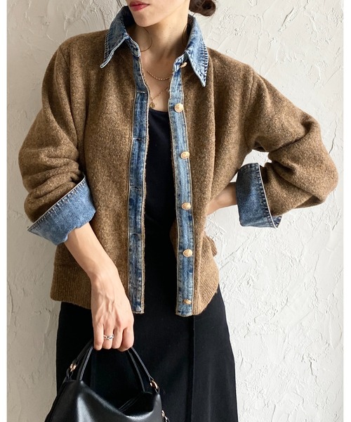 She's Closet（シーズクローゼット）の「フェイクレイヤード異素材ドッキングデニム切替ニットカーディガン（カーディガン/ボレロ・レディース・オートミール/キャメル/チャコールグレー/ブラウン/ブラック・FREE）」の18枚目の写真