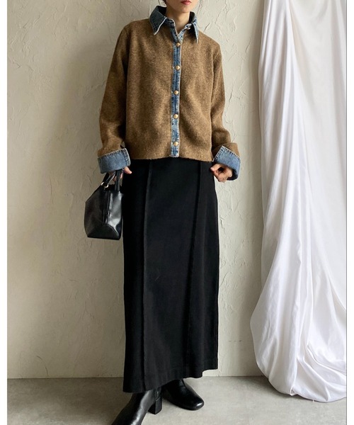 セール】フェイクレイヤード異素材ドッキングデニム切替ニット