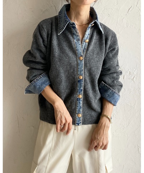 セール】フェイクレイヤード異素材ドッキングデニム切替ニット