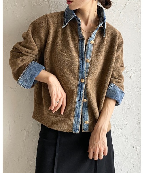 セール】フェイクレイヤード異素材ドッキングデニム切替ニット