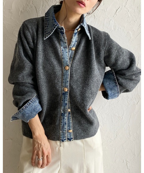 セール】フェイクレイヤード異素材ドッキングデニム切替ニット