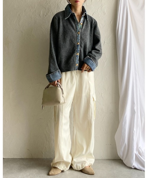 セール】フェイクレイヤード異素材ドッキングデニム切替ニット