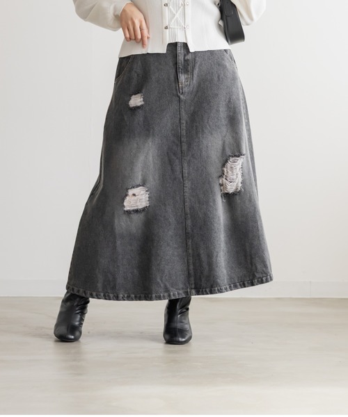 CLETTE（クレット）の「CLETTEオリジナルダメージ加工デニムスカート（スカート・レディース・サックスブルー/ブラック/ブルー・LL/3L/4L）」の2枚目の写真