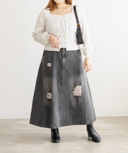 CLETTE（クレット）の「CLETTEオリジナルダメージ加工デニムスカート（スカート・レディース・サックスブルー/ブラック/ブルー・LL/3L/4L）」の8枚目の写真