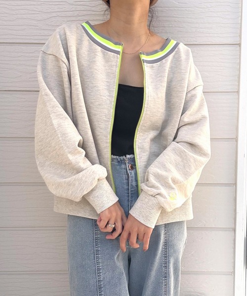 Q(キュー)の「リブネックオープンZIP トップス(カーディガン/ボレロ・レディース・杢グレー/ネイビー・MEDIUM)」の2枚目の写真