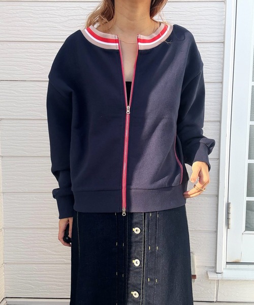 Q(キュー)の「リブネックオープンZIP トップス(カーディガン/ボレロ・レディース・杢グレー/ネイビー・MEDIUM)」の1枚目の写真