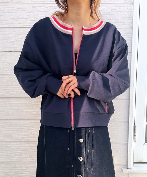 Q(キュー)の「リブネックオープンZIP トップス(カーディガン/ボレロ・レディース・杢グレー/ネイビー・MEDIUM)」の9枚目の写真