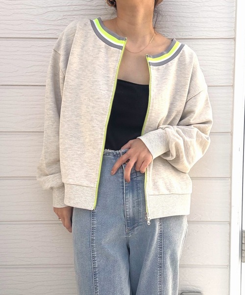 Q(キュー)の「リブネックオープンZIP トップス(カーディガン/ボレロ・レディース・杢グレー/ネイビー・MEDIUM)」の19枚目の写真