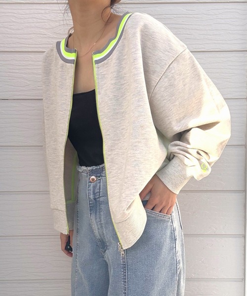 Q(キュー)の「リブネックオープンZIP トップス(カーディガン/ボレロ・レディース・杢グレー/ネイビー・MEDIUM)」の20枚目の写真