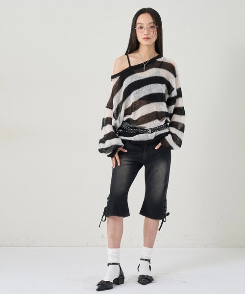 WHO'S WHO gallery（フーズフーギャラリー）の「ワイドボーダーメッシュニット（ニット/セーター・レディース・イエロー/グレー/ブラック/レッド・FREE）」の12枚目の写真