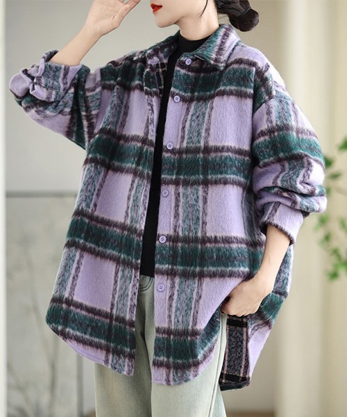 ONEP STAR(ワンピスター)の「チェック柄シャツジャケット(その他アウター・レディース・パープル/ブラウン/オフホワイト・FREE)」の1枚目の写真