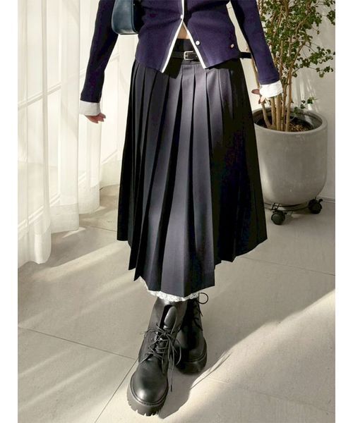 LILY BROWN(リリーブラウン)の「ベルト付きレースプリーツスカート(スカート・レディース・ベージュ/ネイビー/チェック・0/1)」の3枚目の写真