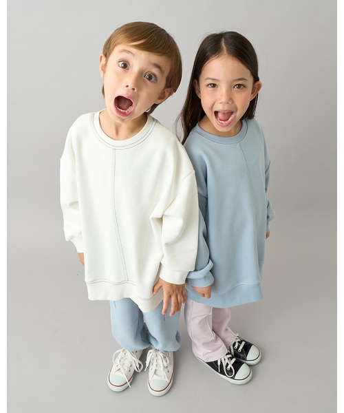 b・ROOM（ビールーム）の「【デイリースタンダードウェアシリーズ】【吸水速乾】ぷくっとオーバーサイズの配色ステッチスウェット（スウェット・キッズ・オフホワイト/トップグレー/パープル/ダークブラウン/ブラック/ブルーグレー/ライトピンク・150cm/130cm/100cm/140cm/120cm/110cm）」の14枚目の写真