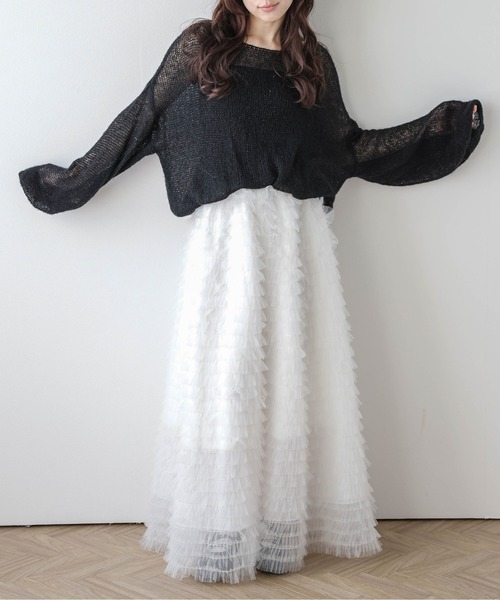 AMELY（エミリー）の「ティアードチュール フレアスカート（スカート・レディース・ブラック/ベージュ/ピンク/ホワイト・C/フリー）」の2枚目の写真