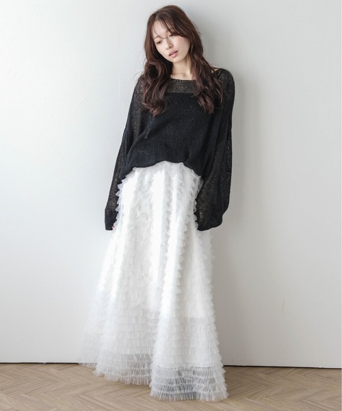 AMELY（エミリー）の「ティアードチュール フレアスカート（スカート・レディース・ブラック/ベージュ/ピンク/ホワイト・C/フリー）」の5枚目の写真